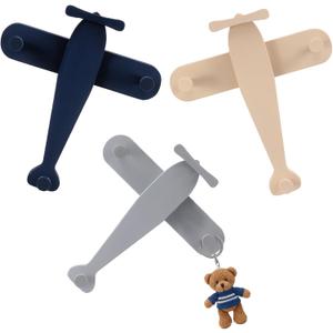 3 Pack Airplane Shaped Wall Coat Hooks Nursery Decor Wooden Airplane Decorative Cute Coat Rack Wall Mount Aviation Decor for Bedroom Living Room Office Entryway Door Nursery (Retro)