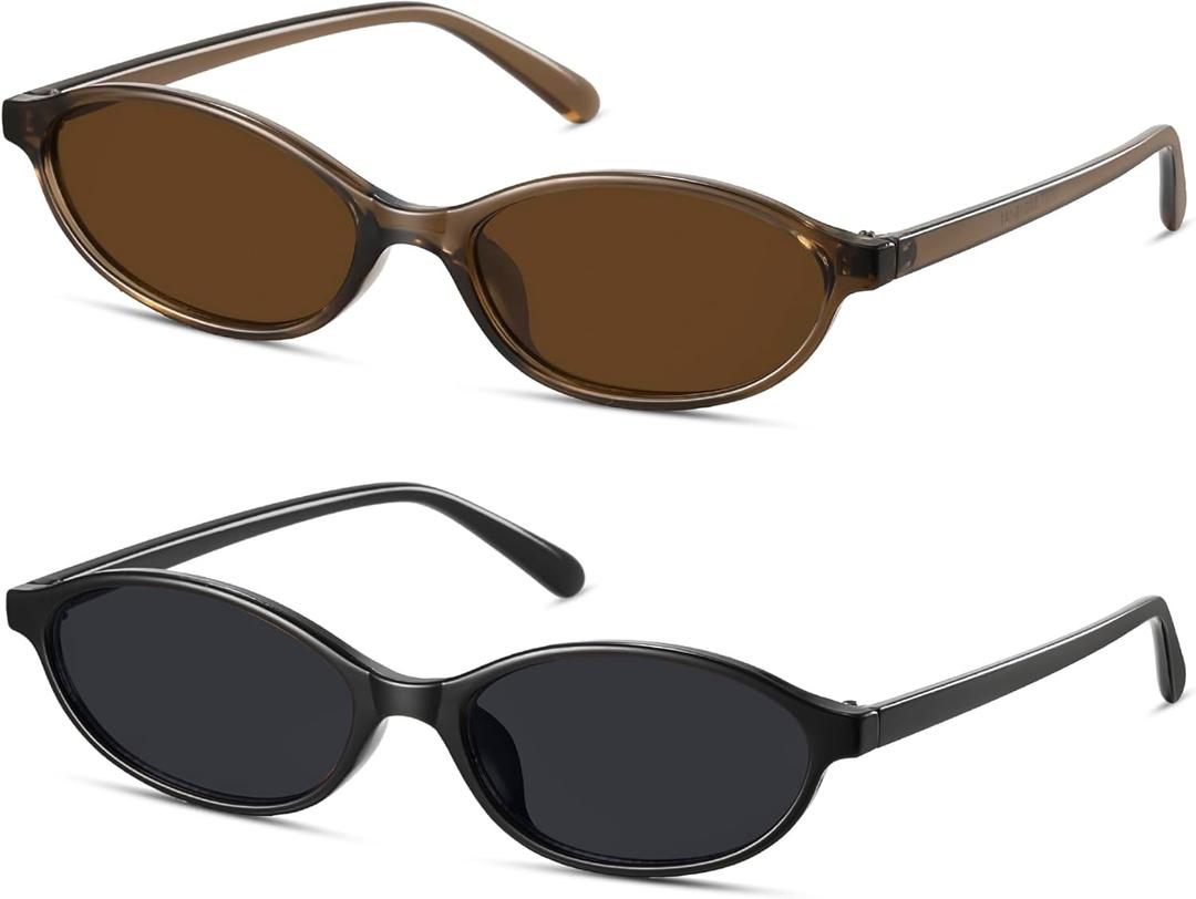Retro Oval Sunglasses for Women Small Cat Eye Sun Glasses Womens Trendy Y2K Narrow Shades UV400 Protection CL009 (2 Pack Black/Black+Brown/Brown)