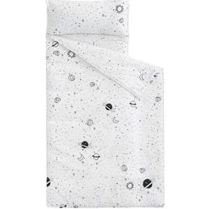 Wake In Cloud - Toddler Nap Mat with Pillow and Blanket, 100% Cotton Fabric, for Kids Boys Ages 3 Plus in Daycare Kindergarten Preschool, Roll Up Sleeping Bag, Galaxy Spaces