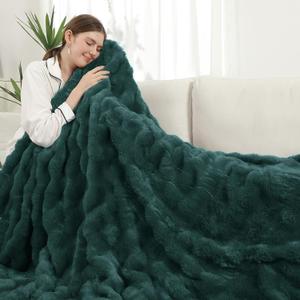 Heated Blanket Full Size,Flannel & Faux Rabbit Fur Bubble Fleece Electric Throw Blanket, 6 Heat Settings, 1-10 Hour Auto-Off, Overheat Protection, ETL Certified,72" x 84",Machine Washable,Deep Green