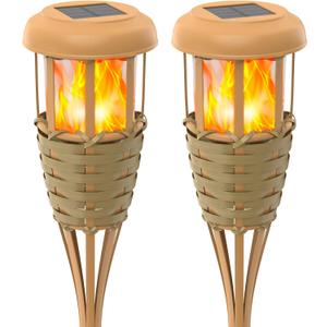 Flickering Flames Solar Powered Lights - Upgraded Solar Torches Waterproof Outdoor Decorative Lighting Auto On/Off, Handmade Bamboo Finish, 2-Pack