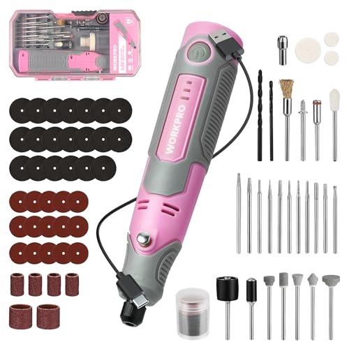WORKPRO Cordless Rotary Tool Kit with 69pcs Accessories, 3 Variable Speeds, USB Rechargeable Mini Rotary Tool for Engraving, Sanding, Polishing, Carving, Cutting, DIY Crafts - Pink Ribbon