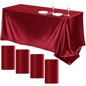 TURSTIN 4 Packs Satin Tablecloth 102 x 58 Inch Overlay Satin Table Cover Rectangle Bright Silk Tablecloth Smooth Fabric Table Decoration for Wedding Banquet Party Events, Burgundy