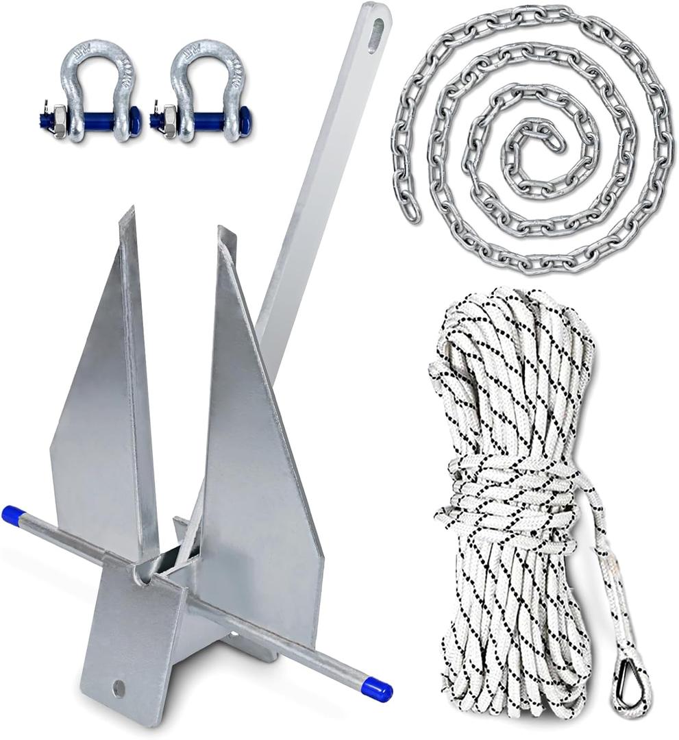Heavy Duty Boat Anchor Kit, 5/8/10/13/18/25 lb Galvanized Danforth Anchor with Anchor Chain, Shakles and Boat Anchor Rope, Fluke Anchor Kit for Boats Pontoon, Deck, Fishing, and Sail (8 lb(Fits 12-22 FT Boats))