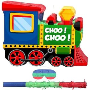 Shappy 3D Train Piñata Red Motorcycle Piñata Small Race Car Birthday Decor with Blindfold Stick Confetti Railroad Bike Car Party Decorations for Racing Theme Birthday Favors Supplies(Train)