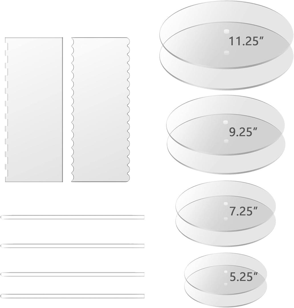 Boyun Acrylic Cake Disc, Clear Cake Decorating Supplies with 8 Round Acrylic Discs,2 Icing Scraper And 4 Center Dowel For Make Your Cakes, Acrylic Discs For Icing Cakes(5.25/7.25/9.25/11.25 Inch)