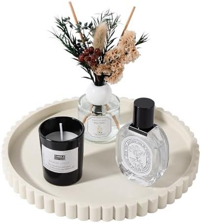 Round Bathroom Tray Silicone Kitchen Counter Decor Vanity Organizer Decorative Coffee Table Tray for Perfume, Candle, Soap Dish, 9 Inch, Beige