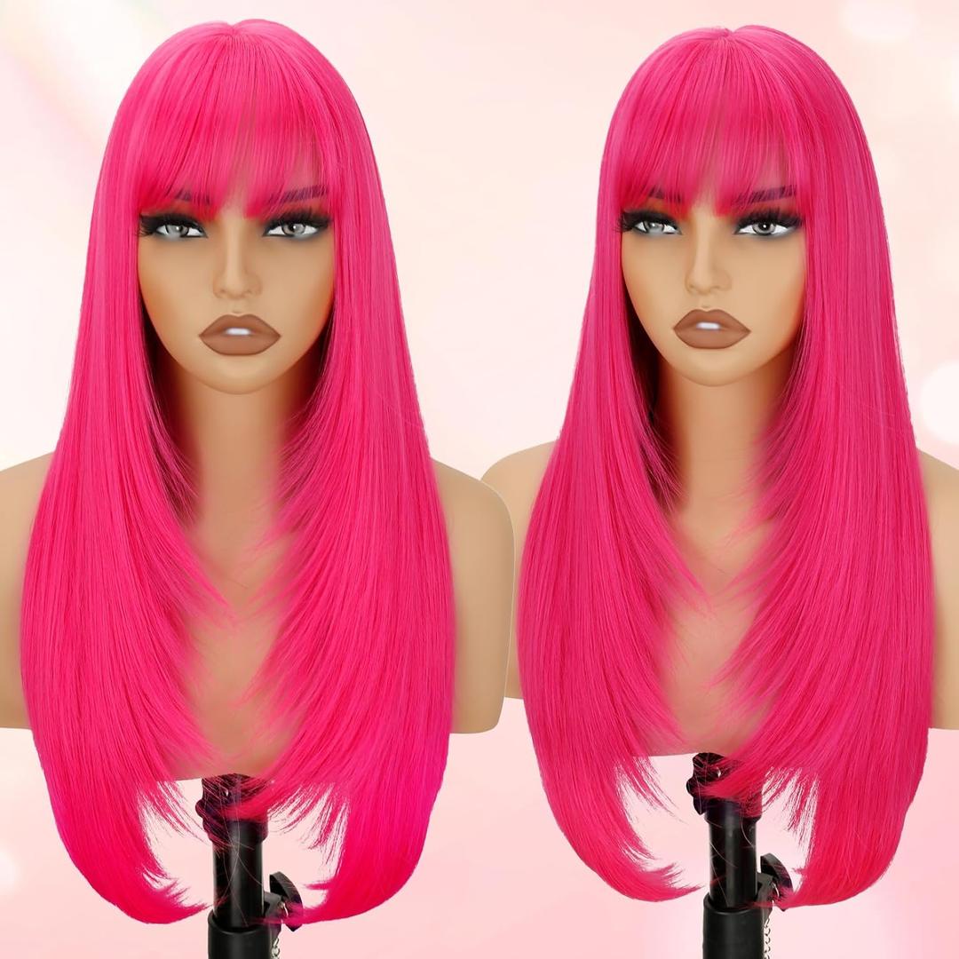 Hot Pink Long Straight Layered Wig with Bangs for Women 26 inch Put on Go Realistic Synthetic Fiber Heat Resistant Natural Wig for Girls Party Cosplay and Daily Use