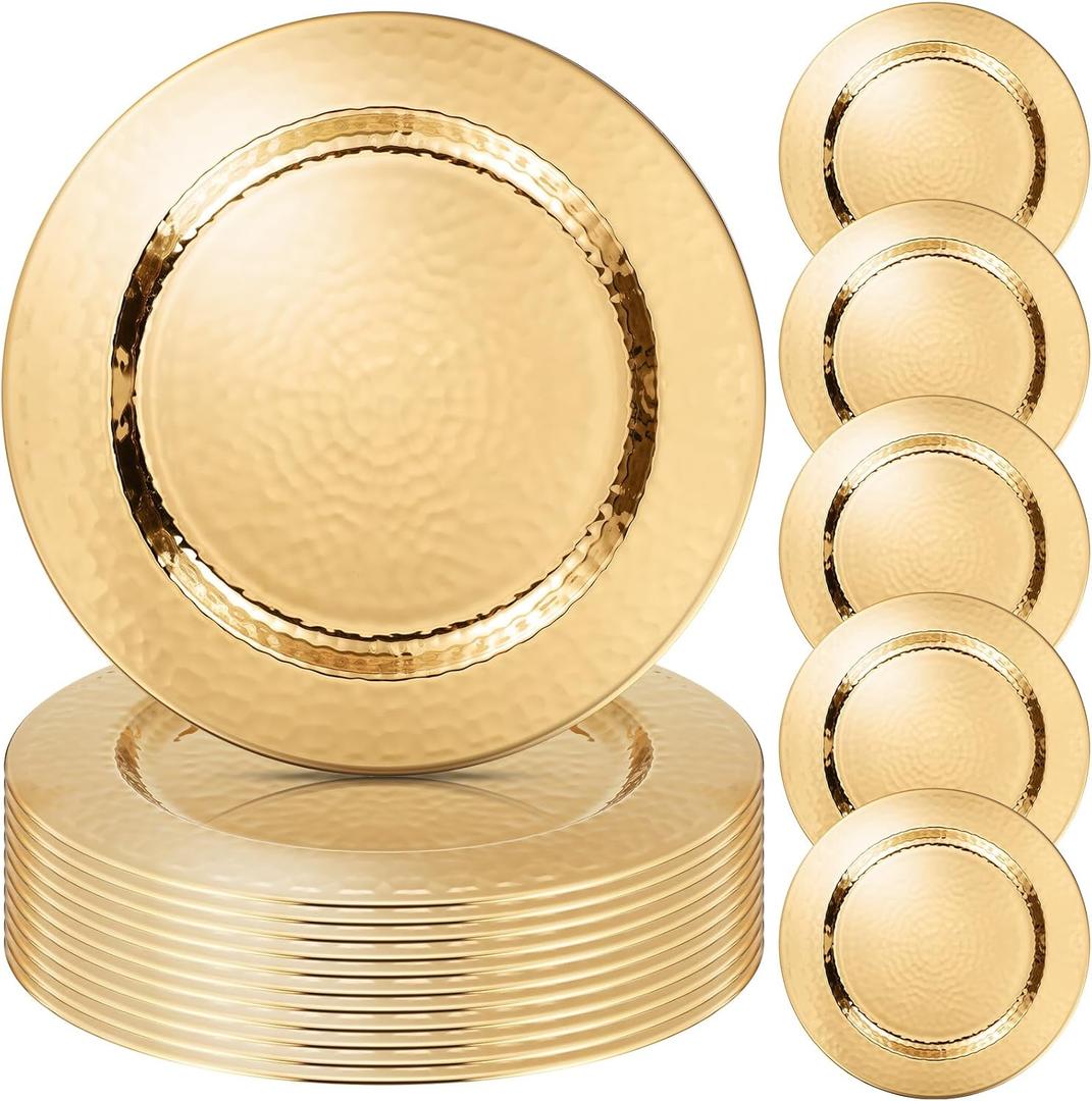 12 Packs Chargers Plates Bulk 13 Inch Stainless Steel Hammered Rim Round Elegant Dinner Plates Luxury Decorative Chargers for Wedding Party Catering Upscale Events (Gold)