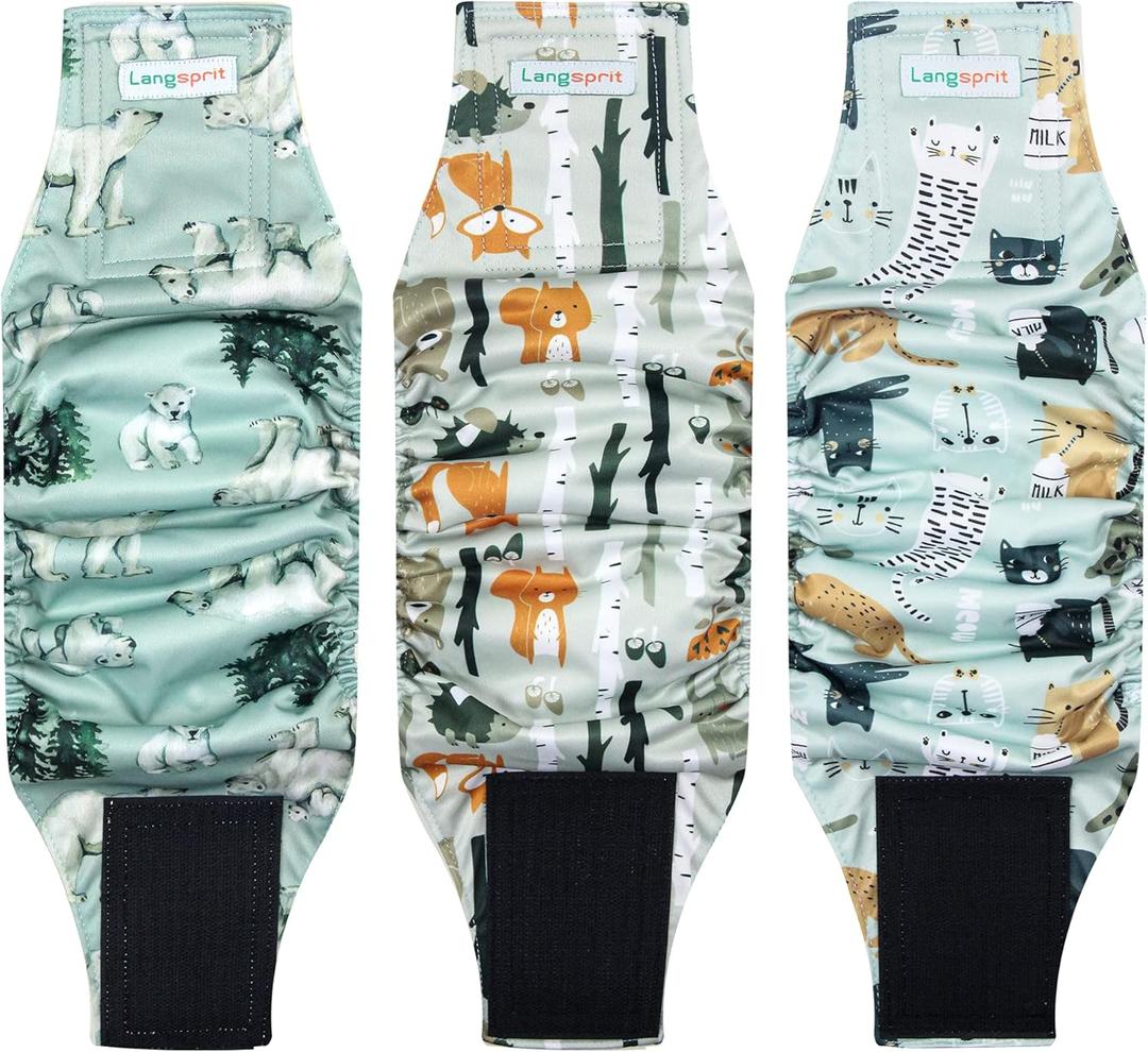Langsprit Male Belly Bands for Dogs (Pack of 3) - High Absorbing Dog Wraps Male Washable - Reusable Dog Diapers (Fox,Cat,Polar Bear, Large)