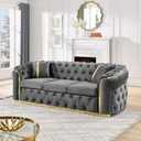 WILLIAMSPACE 90.6" Velvet Sectional Sofa Couch for Living Room, Modern Luxury 3 Seater Chesterfield Button Tufted Sofa with Gold Stainless Steel Accents for Living Room, Comfy Furniture, Gray