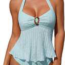 ZAFUL Halter Tankini Swimsuits for Women Lace O-Ring Cut Out Two Piece Tummy Control Swimsuits Bathing Suits, Large