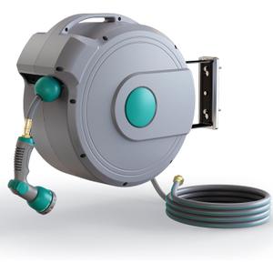 Retractable Garden Hose Reel,1/2 in x 100 ft Wall Mounted Hose Reel, with 10- Function Sprayer Nozzle, Any Length Lock/Slow Return System/Wall Mounted/180Swivel Bracket (Grey)