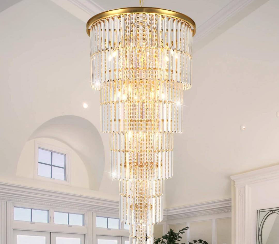 Luxury Gold Crystal Chandelier for High Ceilings, Modern Long Foyer Entryway Crystal Chandelier Pendant Light Fixture for Grand Living Room Staircase (Height 62 inch 37 Lights)