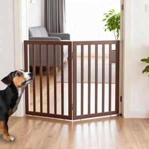 ZJSF Freestanding Indoor Dog Gate for House Foldable Wood Brown Puppy Gate for Doorways Pet Gate for Stairs Extra Wide Pet Fence 32" Height 2 Panels