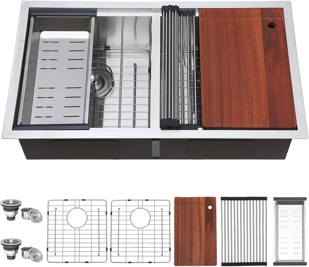 COMLLEN 33 Inch Double Bowl Undermount Kitchen Sink,33x19 Inch Workstation 16 Gauge Stainless Steel Double Kitchen Sinks with Cutting Board,9 Inch Deep Sink Maximizes Space Efficiency (Brushed Nickel)