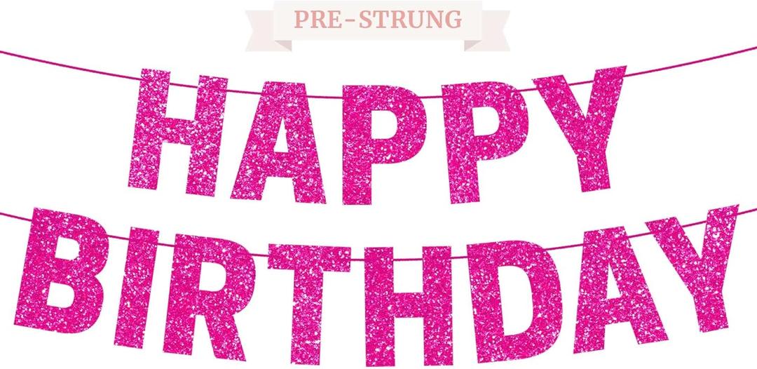 Pre-strung Happy Birthday Banner - No DIY - Hot Pink Glitter Happy Birthday Party Banner for Girls & Women - Pre-strung on 8 ft Strands - Hot Pink Bday Party Decorations & Decor. Did We Mention No DIY