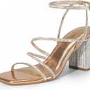 DREAM PAIRS Women's Heels Chunky Block Strappy Square Open Toe Ankle Buckle Heeled Sandals Wedding Party Dress Shoes Indie (7, Rose Gold-rhinestone)