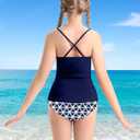 Girls Swimsuit Tankini Criss Cross Ruched 2 Piece Bathing Suit Printed Girl Swimwear for Teens  (Blue, S) 11-12Y