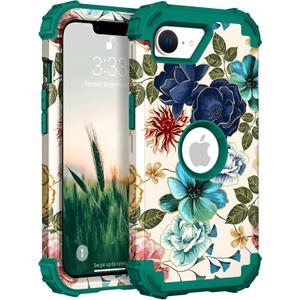Hocase for iPhone 16e Case, Heavy Duty Shockproof Protection Hard Plastic+Silicone Rubber Hybrid Protective Phone Case for iPhone 16e 6.1" 2025 - Teal Flowers
