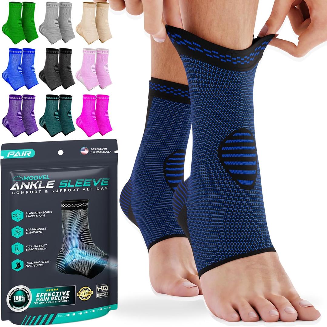 Modvel Foot & Ankle Brace Socks for Sprained Ankle Compression Sleeve - Ankle Support for Women & Men - Tendonitis & Arthritis Ankle Brace Sports Running, Torn Ligaments & Women Stabilizing Ankle Wrap (Large, Blue/Black)