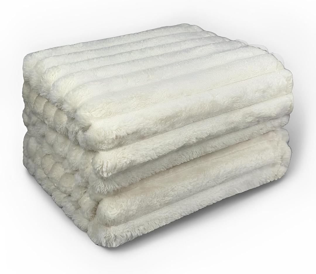 Faux Fur Blanket Twin/Twin XL - 60x80 Inch Soft & Warm Fluffy Throw for Bed, Sofa, Camping | 350GSM Cloud-Touch Microfiber | Cozy Essentials for Travel & Movie Nights, Striped White, Faux Fur White