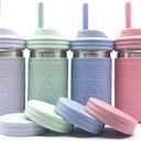Elk and Friends 14oz Stainless Steel Kids + Toddler Drinking Cups | The Original Mason Jar with Sleeves + Lids | Silicone Straws | Smoothies | Storage Jar | Spill Resistant | Dishwasher Safe | 4 Pack (Sage/Blush/Lilac/Misty Blue)