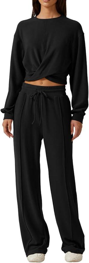 QINSEN Women 2 Piece Outfits Sweatsuit Set Twist Front Cropped Sweatshirt Wide Leg Sweatpant Lounge Set Tracksuit, Size L