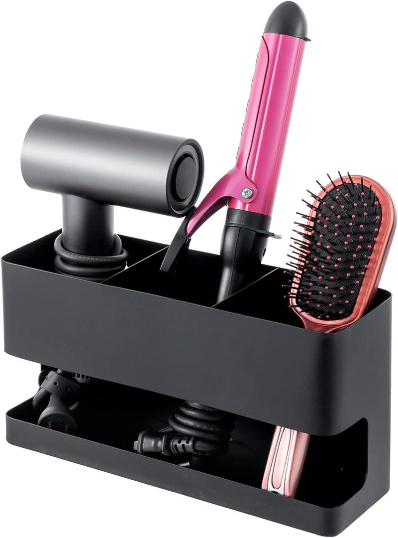 MyGift Hair Tool Organizer, 3-in-1 Metal Hair Dryer Holder, Wall Mounted Blow Dryer Holder, Black Bathroom Organizer for Curling Irons, Hair Straighteners, Hair Brush Holder and Hot Tools