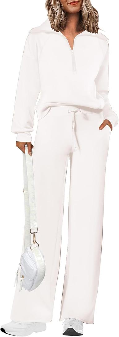 PRETTYGARDEN Women's 2 Piece Outfits Casual Lapel Half Zip Sweatshirts And Wide Leg Pants Tracksuit Sets (Medium, White) PRETTYGARDEN Women's 2 Piece Outfits Casual Lapel Half Zip Sweatshirts And Wide Leg Pants Tracksuit Sets (Medium, White)