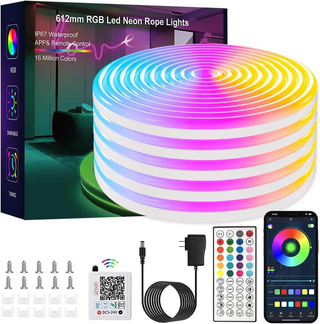 LED neon Lights,50FT RGB Neon Rope Lights,with Remote Control/APP Control,Music Sync,Timer Function,IP67 Waterproof Flexible Neon Strip Lights,for Bedroom Gaming Outdoors Decor