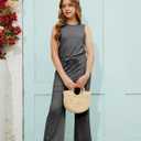 Girls Casual Jumpsuit Kids Fashion Sleeveless Elastic Waist Wide Leg Pants Rompers One Piece Outfits (9-10 Years, Dark Grey)