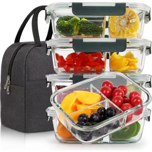 DAS TRUST [5-Packs, 36 oz Glass Meal Prep Containers 3 Compartment with Lids, Glass Lunch Containers,Food Prep Lunch Box,Bento Box,Microwave, Oven, Freezer, Dishwasher (4.5 Cups, Gray)