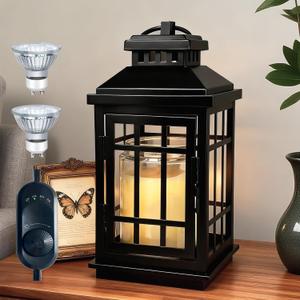 Black Candle Warmer Lamp with Timer - Flameless Enclosed Lantern Style Warmer for Large Jar Candles, Dimmable & Auto Shut-Off, Farmhouse Home Decor Housewarming Birthday (2 Bulbs)