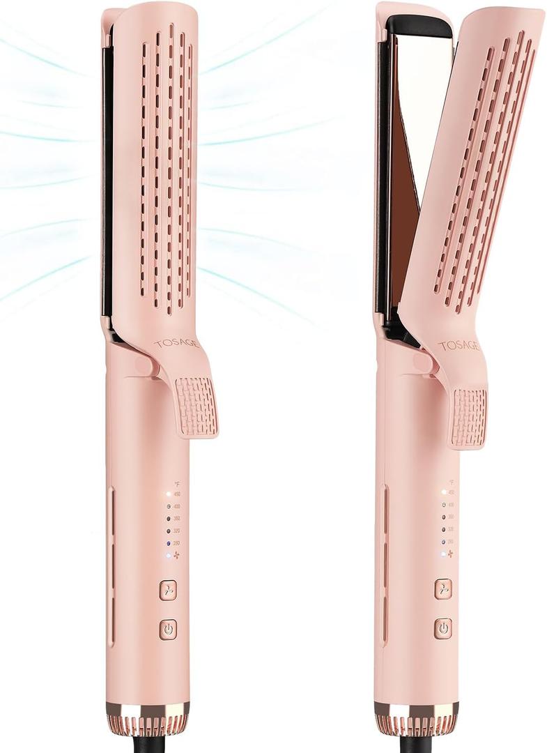 TOSAGE 360Airflow Styler, 1 1/2 inch Curling Wand & Hair Straightener 2 in 1 with Ionic Cool Air to Lock in Style, Titanium Flat Iron Curler in One with Dual Voltage (Pink)