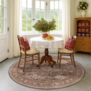 Washable 7ft Round Big Rugs for Living Room, Floral Circle Rug for Dining Room Under Table, Low Pile & Soft 7x7 Bedroom Carpet, Non Skid with Rubber Backing Stain Resistant (Taupe Brown)