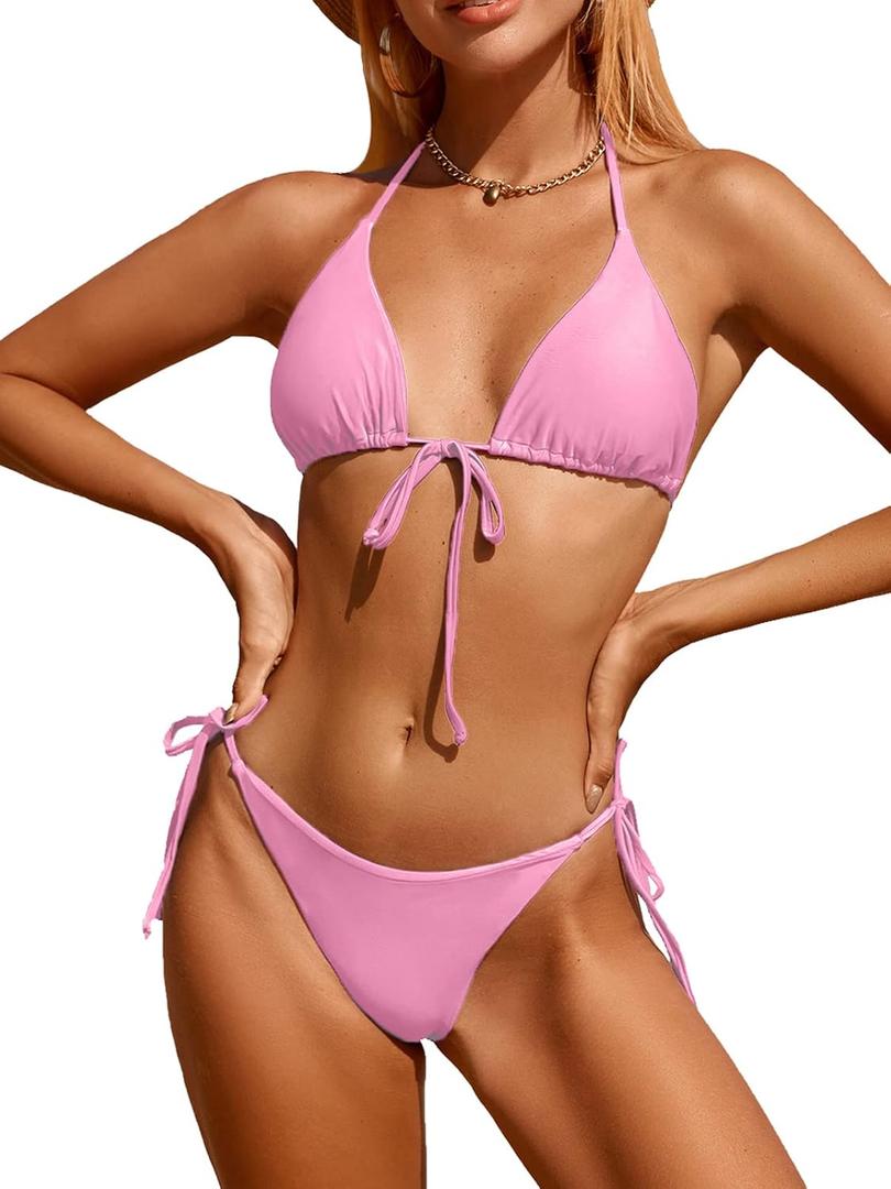 Bikinis Swimsuit Set for Women Swimwear Triangle Bathing Suit Tie String Thong (Medium, Pink-2)