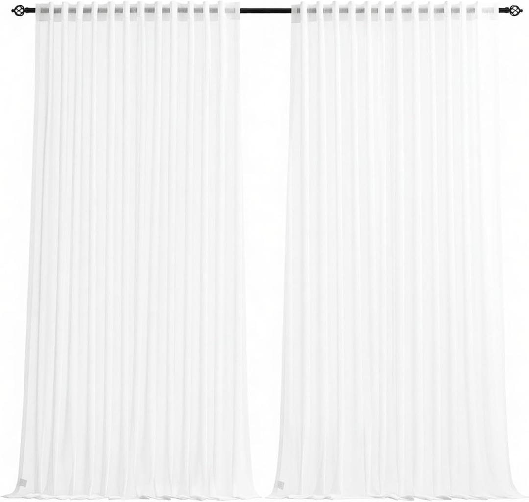Dreaming Casa White Sheer Curtains 96 Inches Long, Rod Pocket & Back Tab Light Filtering Textured Sheers for Living Room Bedroom, 2 Panels, Each 100" W x 96" L