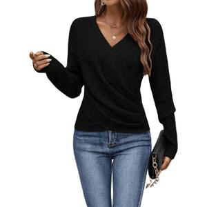 SOLY HUX Women's V Neck Long Sleeve Off Shoulder Sweaters Criss Cross Wrap Ruched Pullover Fall Tops (Medium, Plain Black)