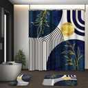 Dark Blue and Gold Boho Mid Century Shower Curtain Set with Toilet Lid Cover and Non-Slip Rugs, Abstract Geometric 4 Pcs Modern Minimalist Shower Curtain for Bathroom Set with 12 Hooks