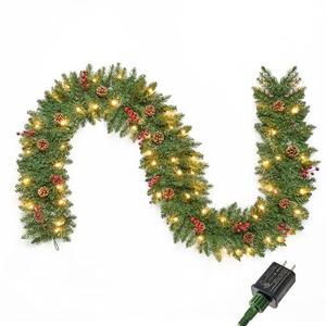 Joiedomi 9 FT Artificial Christmas Garland Prelit with 50 Count Warm White String Lights, Pine Cones and Red Berries for Christmas Holiday Xmas Season Decorations, Plug in Lighted Pine Garland
