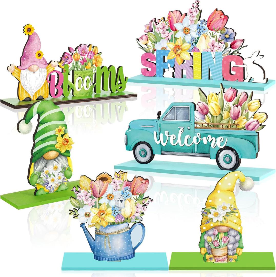 6 Pcs Spring Table Decorations Wood Tabletop Sign Spring Table Centerpieces Rustic Freestanding Tabletop for Home Restaurant Farmhouse Home Kitchen Shelves Party Decor(Gnome)