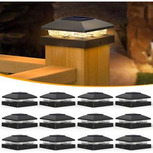 APONUO Solar Post Cap Lights for 4x4 Posts - IP64 Waterproof, 3000K LED, No-Wire Fence Lights & Deck Lights for Patio Garden Yard Patio, Black-Warm White, 12 Pack