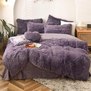 MorroMorn 5 PCS Plush Shaggy Duvet Cover Sets, Luxury Shag Fluffy Comforter Cover Fuzzy Bedding Set - Long Faux Fur Ultra Soft Cozy (Dark Purple, King/California King)