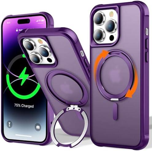 UMIONE 360° Rotatable Magnetic Ring Design for iPhone 14 Pro Max, Built-in Invisible Loop Stand, Compatible with Magsafe, Translucent Ultra Slim Military Grade Shockproof Case - Purple
