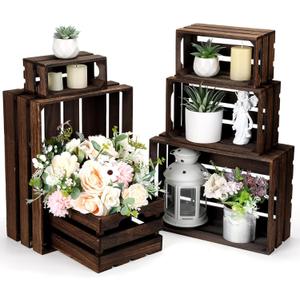 CroBlissful 6 Pcs Decorative Wood Crates for Storage Display Rustic Nesting Crates with Handle Farmhouse Wooden Storage Container Boxes for Wedding Baby Shower Birthday Party(Vintage Dark Brown)