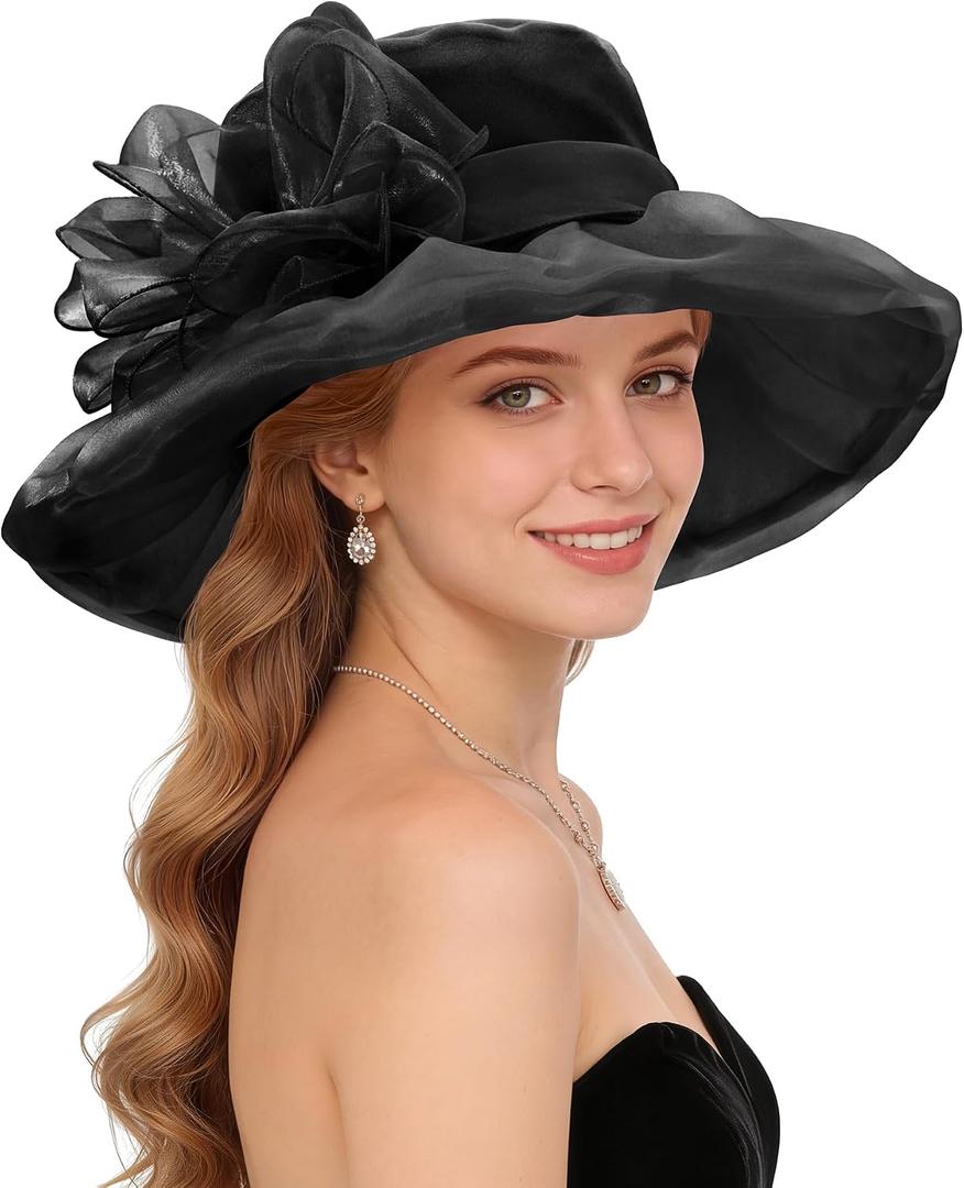 Zando Black Derby Hats for Women 2026 - Elegant Organza Kentucky Fascinator, Vintage Black Tea Party Church Hat, Foldable Wide Brim Wedding Headwear, Classic Evening Cocktail Dress Hat One Size