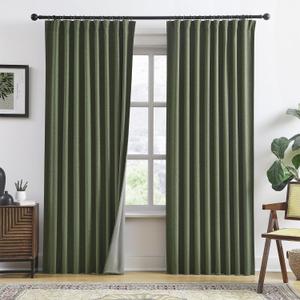 RAIN CITY Extra Wide Linen Blackout Curtains & Drapes with Hooks 70 in Width for 60&72 Inch Window 2 Panels,Back Tab Pleated Curtains for Track System Sliding Glass Door 70x90, Loden Olive Green