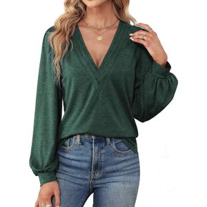Agnes Urban Womens V Neck Long Sleeve Tops Dressy Casual Fall Shirts Puff Sleeve Loose Tunic Trendy Tops Blouses (Green, XL)