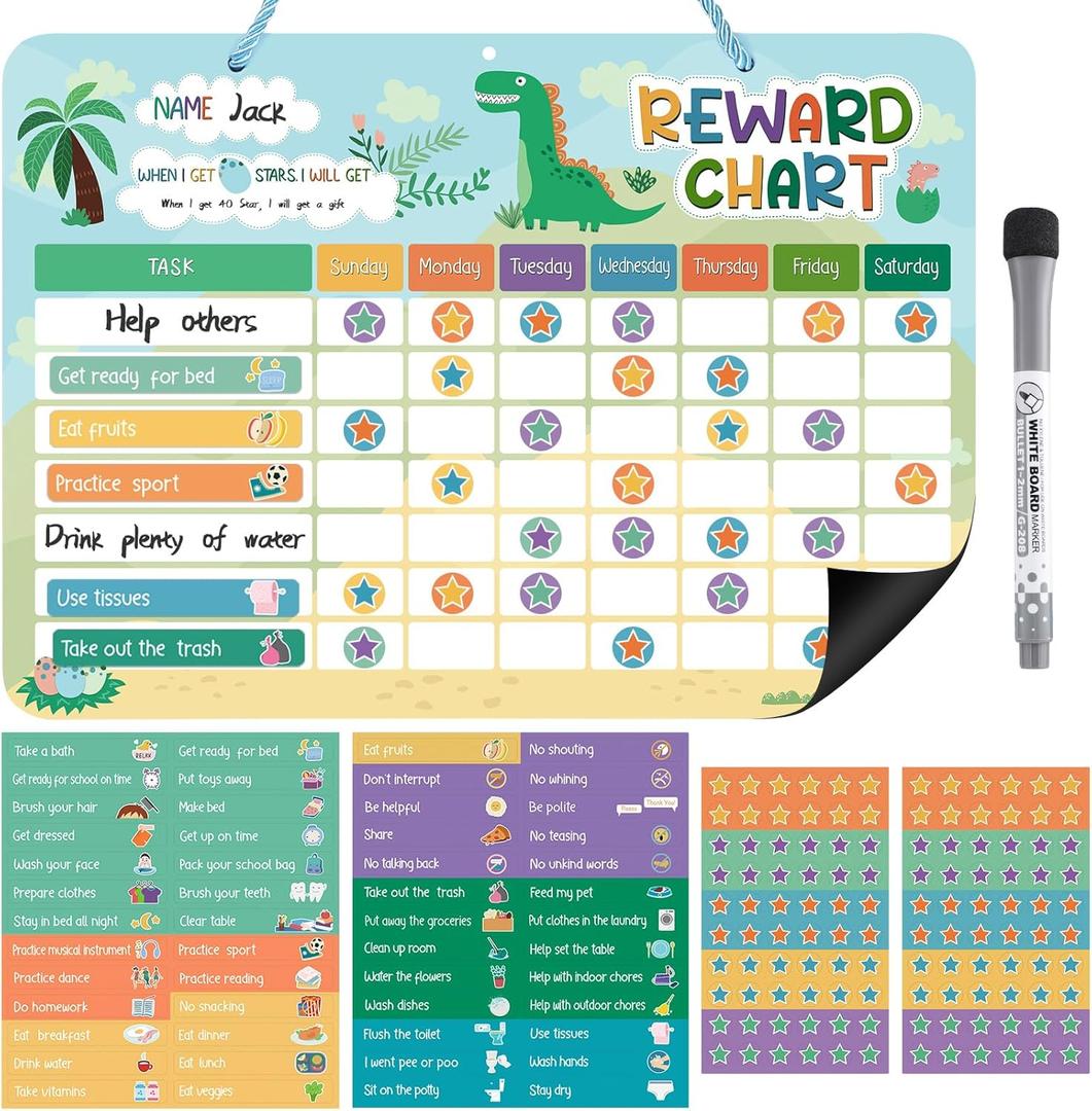 Reward Chart for Kids, Dinosaur Magnetic Behavior Chart for Kids at Home with 26 Chore Charts, 120 Magnetic Star Stickers Dry Erase Responsibility Chart for Toddlers Potty Training